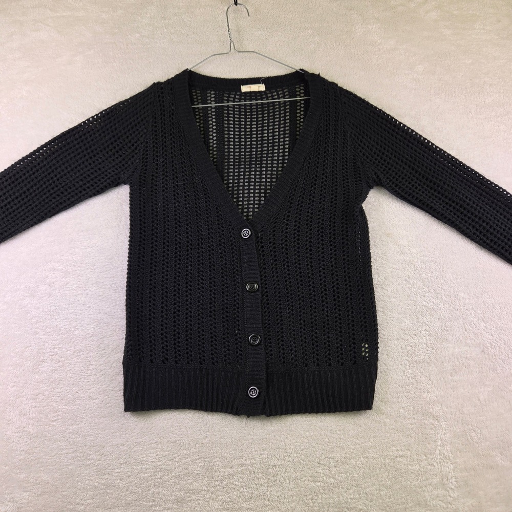 Black Open Knit Button Front Cardigan V-Neck Mesh Crochet Sweater Long Sleeve